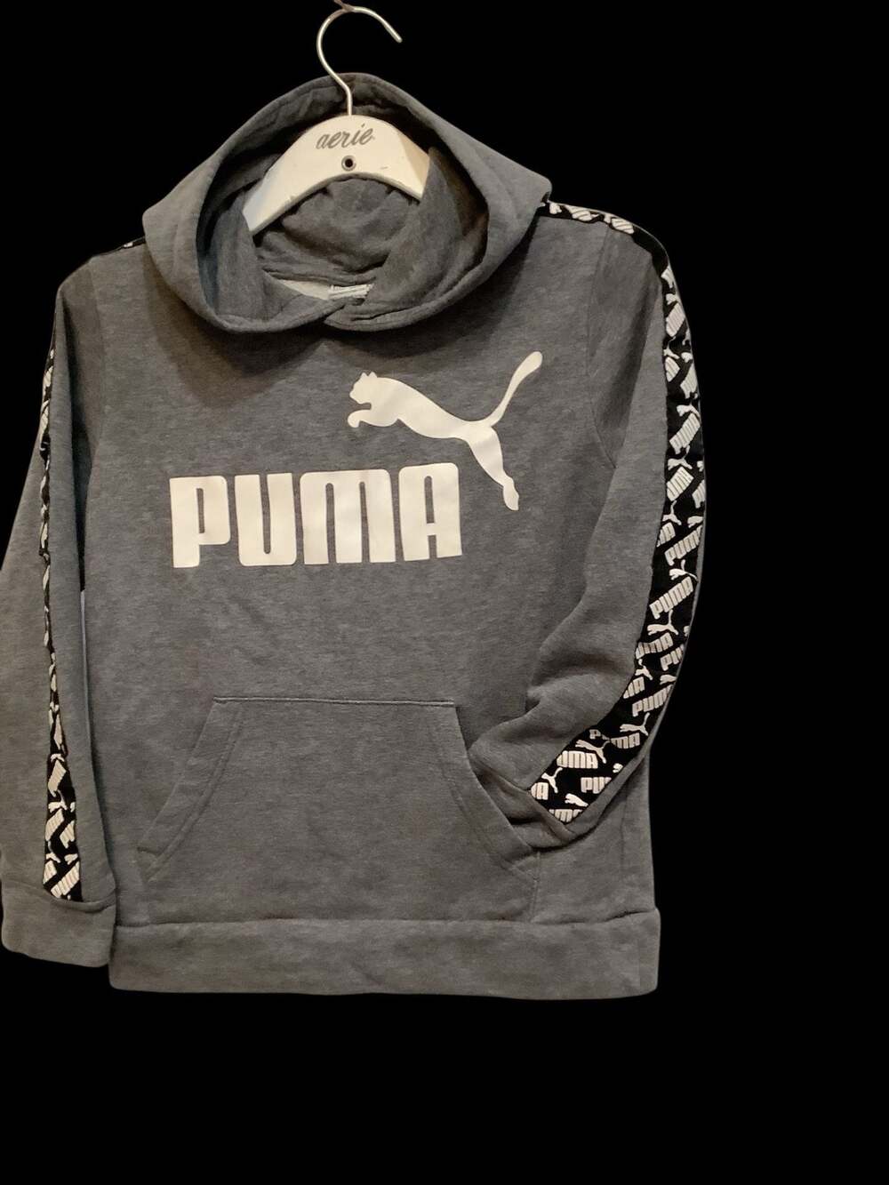 Puma Youth Pullover Hoodie, Grey with Logo Sleeve Tape, Size M (10-12)
